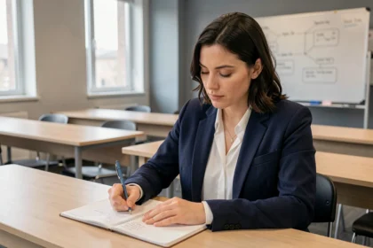 Femme stagiaire en formation professionnelle prenant des notes dans une salle de cours moderne
