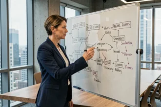 Femme cadre expliquant une stratégie de communication sur un tableau blanc dans une salle de réunion moderne