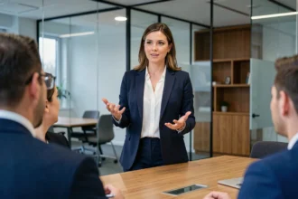 Femme professionnelle communiquant avec assurance lors d'une réunion en entreprise, illustrant un style de communication assertif