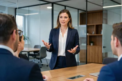 Femme professionnelle communiquant avec assurance lors d'une réunion en entreprise, illustrant un style de communication assertif