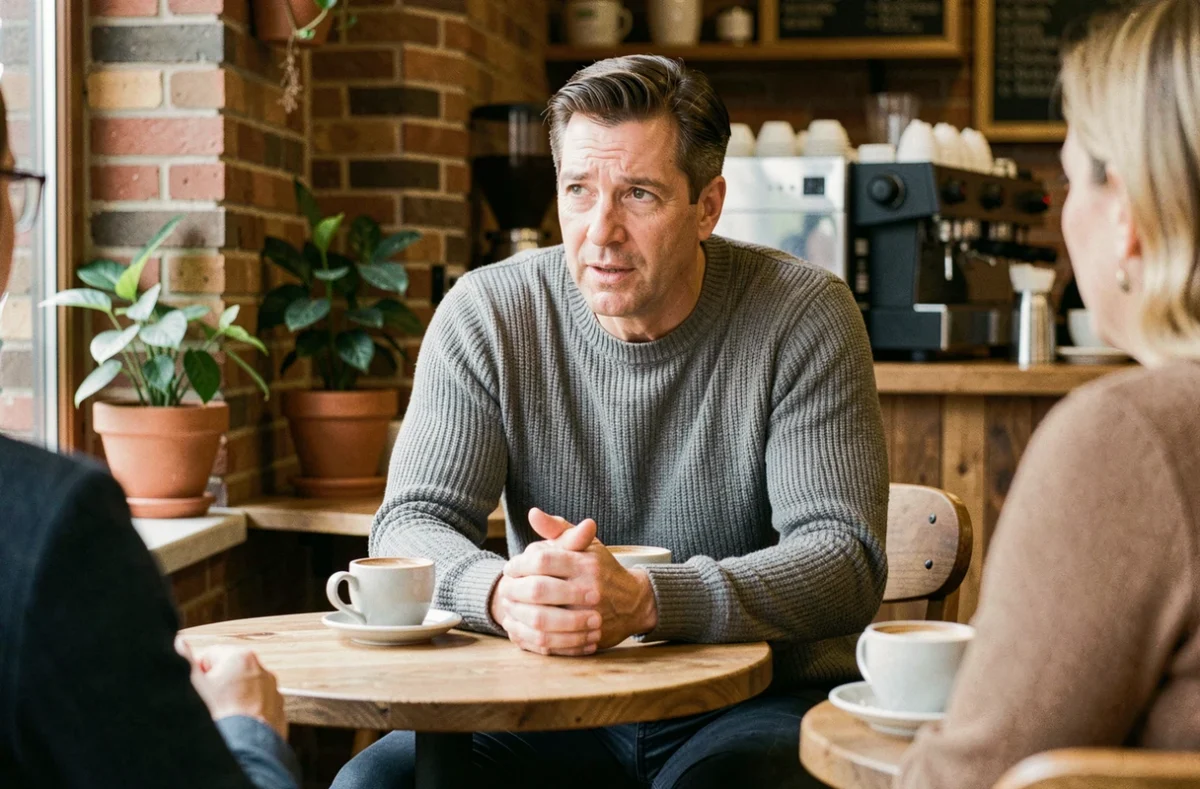 Homme en conversation empathique dans un café, illustrant un style de communication passif et à l'écoute
