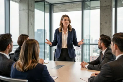 Femme professionnelle présentant des techniques de communication verbale lors d'une réunion d'entreprise moderne