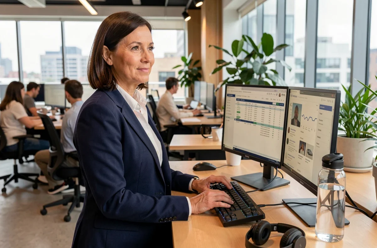Femme professionnelle gérant une boutique en ligne depuis un espace de coworking
