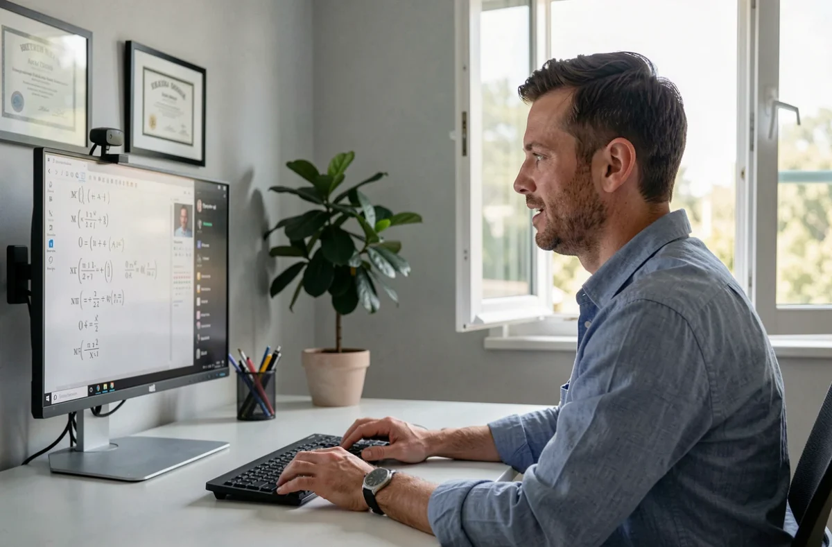 Tuteur professionnel animant une séance de tutorat en ligne via webcam depuis un bureau à domicile épuré