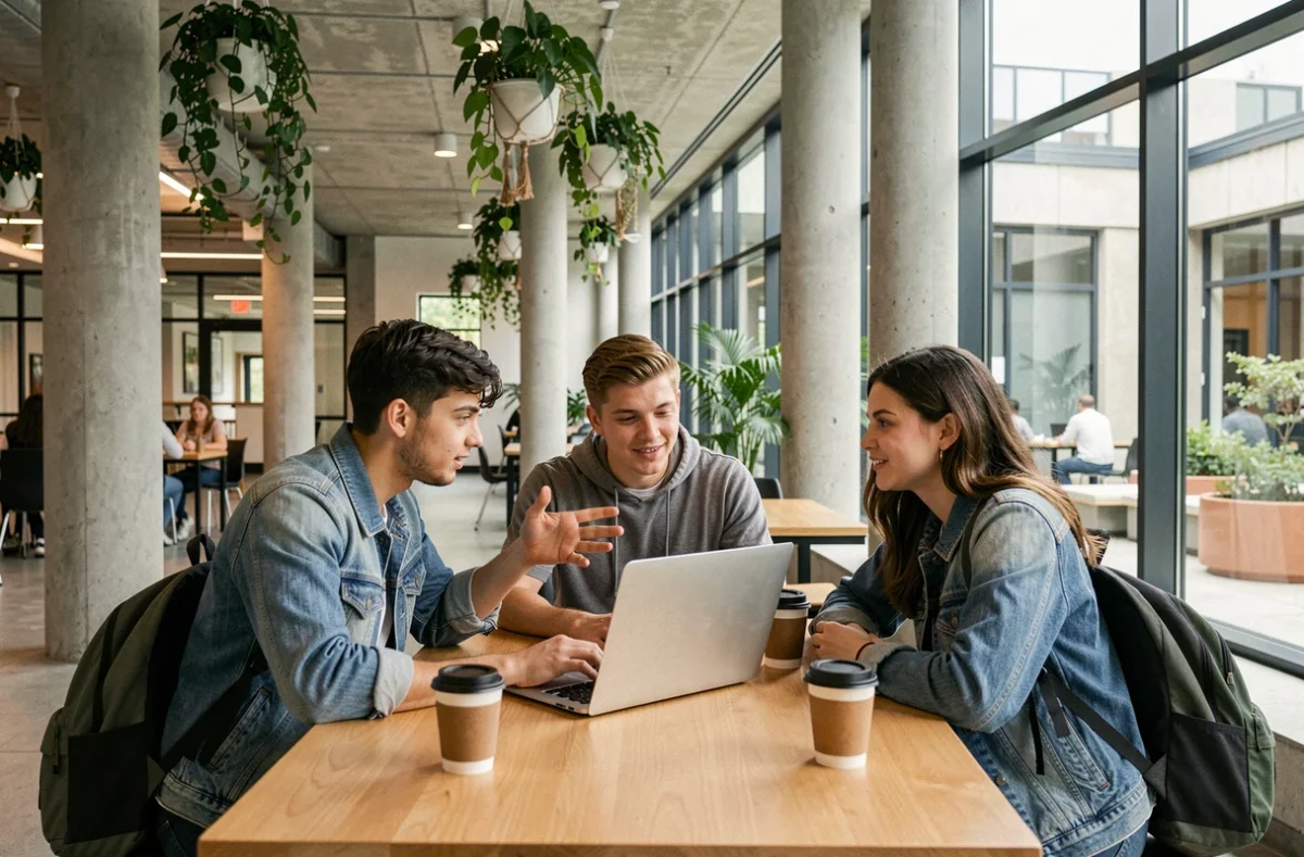 Groupe d'étudiants universitaires pratiquant le tutorat entre pairs autour d'un ordinateur portable sur un campus moderne