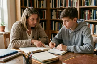 Tutrice accompagnant un adolescent dans ses devoirs autour d'une table en bois dans une bibliothèque à domicile